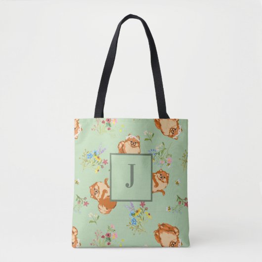 Monogram Floral Pomeranian Pattern Green Tote Bag (Voorkant)