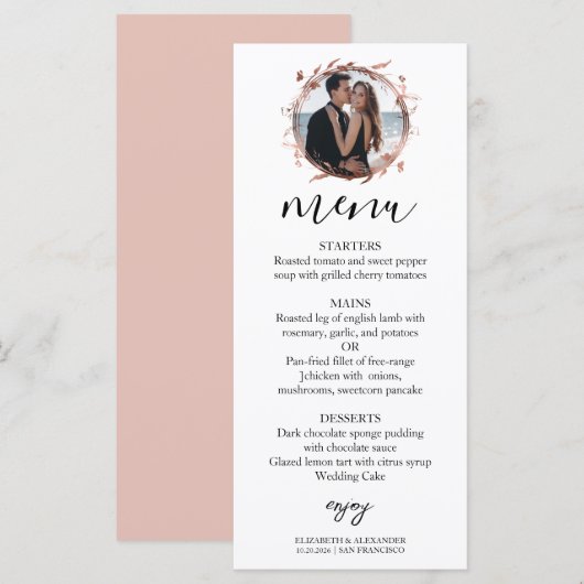 Monogram Floral Roos Gold Foil Foto Weddenschap Me Menu (Voorkant / Achterkant)