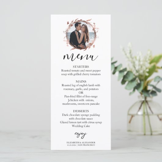 Monogram Floral Roos Gold Foil Foto Weddenschap Me Menu (Staand voorkant)