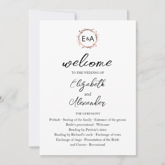 Monogram Floral Roos Gold Foil Wedding Programme Kaart (Voorkant)