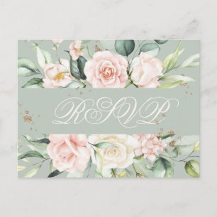 Monogram Floral roze groene Waterverf RSVP Briefkaart