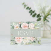Monogram Floral roze groene Waterverf RSVP Briefkaart (Staand voorkant)