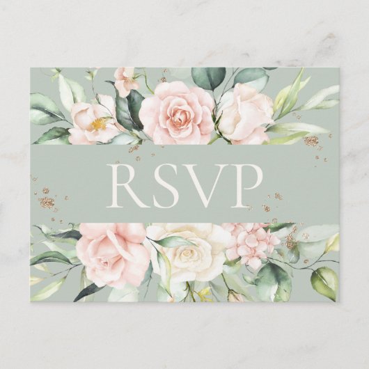 Monogram Floral roze groene Waterverf RSVP Briefkaart (Voorkant)