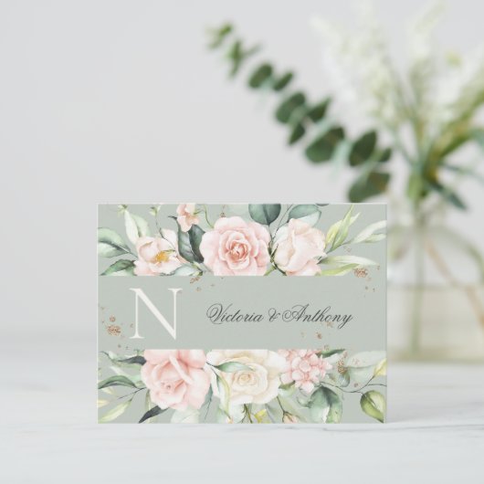 Monogram Floral roze Waterverf sparen de Datum Briefkaart (Staand voorkant)