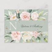 Monogram Floral roze Waterverf sparen de Datum Briefkaart (Voorkant)