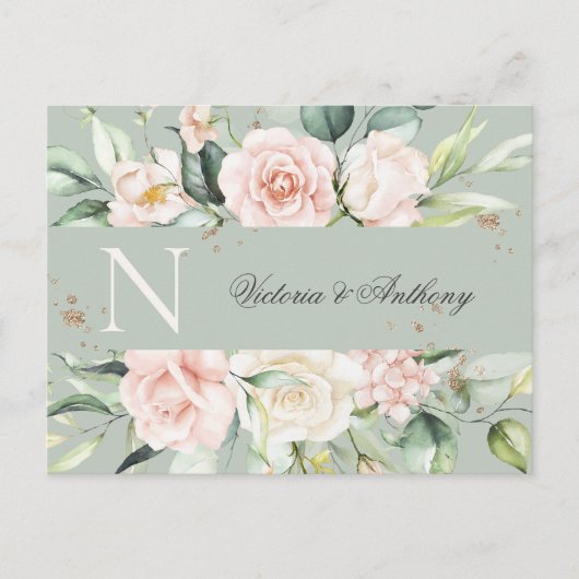Monogram Floral roze Waterverf sparen de Datum Briefkaart (Voorkant)