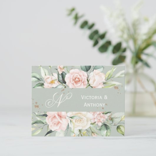Monogram Floral roze Waterverf sparen de Datum Briefkaart (Staand voorkant)