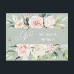 Monogram Floral roze Waterverf sparen de Datum Briefkaart<br><div class="desc">Elegant roze blozen monogram "Save the Date". Sage groene achtergrond. Monogram in fancy script.</div>