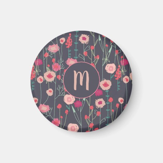 Monogram Floral roze zwart Magneet (Voorkant)