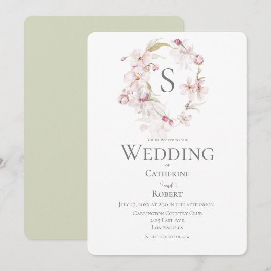 Monogram Floral Script Green Waterverf Wedding Kaart (Voorkant / Achterkant)