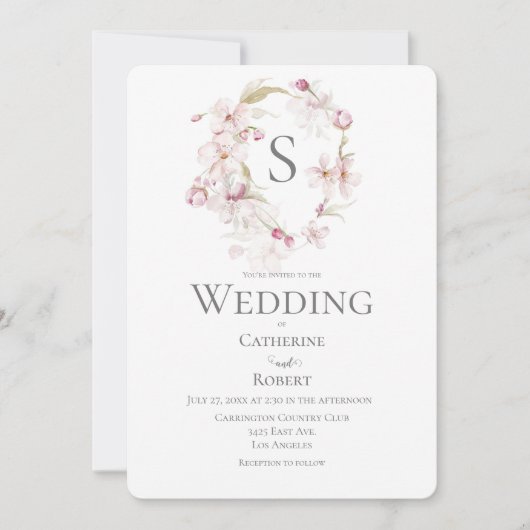 Monogram Floral Script Green Waterverf Wedding Kaart (Voorkant)