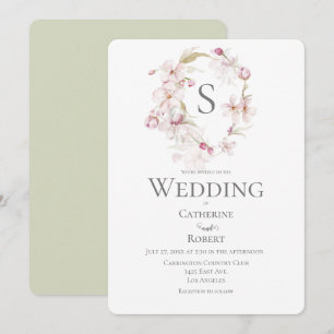 Monogram Floral Script Green Waterverf Wedding Kaart