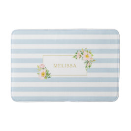 Monogram Floral Shabby Chic Pastel Blue Stripes Badmat