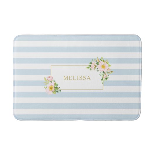 Monogram Floral Shabby Chic Pastel Blue Stripes Badmat (Voorkant)