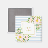 Monogram Floral Shabby Chic Pastel Blue Stripes Magneet (Voorkant / Achterkant)