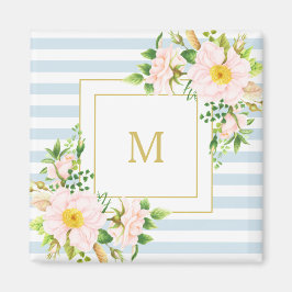 Monogram Floral Shabby Chic Pastel Blue Stripes Magneet