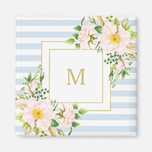 Monogram Floral Shabby Chic Pastel Blue Stripes Magneet (Voorkant)