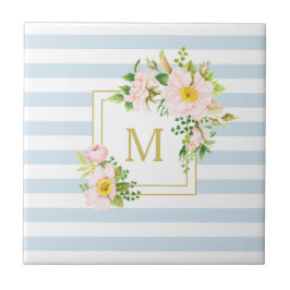 Monogram Floral Shabby Chic Pastel Blue Stripes Tegeltje