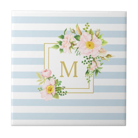 Monogram Floral Shabby Chic Pastel Blue Stripes Tegeltje (Voorkant)