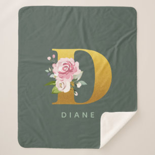 Monogram Floral Speciaal Faux Gold Letter D Sherpa Deken
