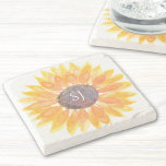 Monogram Floral Stenen Onderzetter<br><div class="desc">Dit bijzondere stenen onderzetter is versierd met een gele waterverf zonnebloem en stijlvolle typografie. Gemakkelijk aan te passen. Originele Waterverf © Michele Davies.</div>