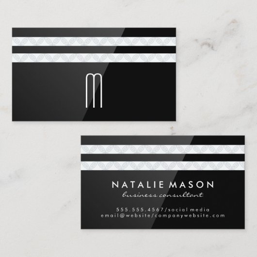 Monogram | Floral Stripes | Zwart gloss Visitekaartje (Voorkant / Achterkant)
