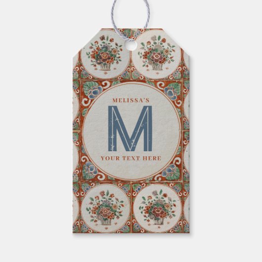 monogram Floral Terracotta Tiles Cadeaulabel (Voorkant)