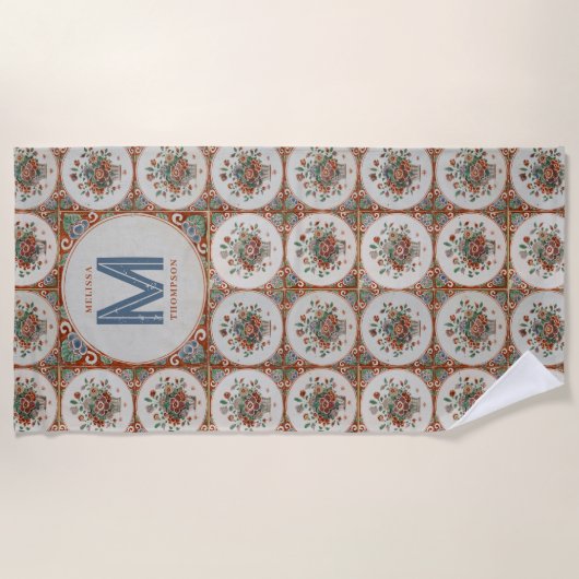  monogram Floral Terracotta Tiles Strandlaken (Voorkant)