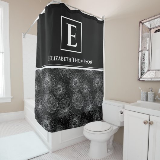 Monogram Floral voor zwarte en witte moderne bloem Douchegordijn (In situ)
