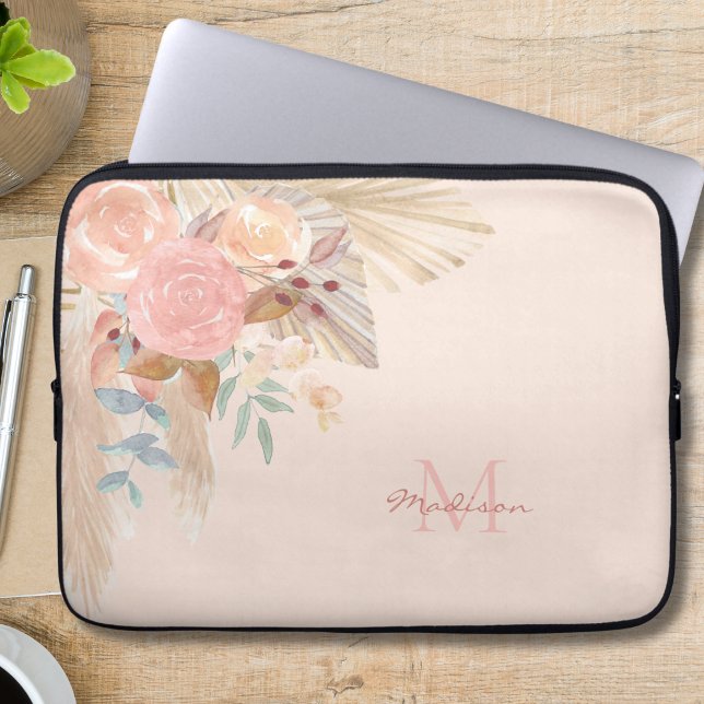Monogram Floral Waterverf Laptop Sleeve (Creator heeft geüpload)