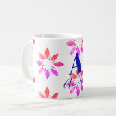 Monogram Floral Waterverf Retro Patroon Hot Pink Koffiemok (Voorkant links)