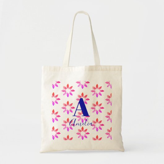Monogram Floral Waterverf Retro Patroon Hot Pink Tote Bag (Voorkant)