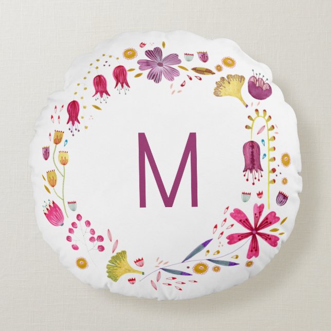 Monogram Floral Waterverf Rond Kussen (Voorkant)