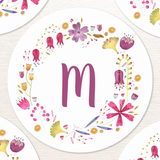 Monogram Floral Waterverf Ronde Sticker