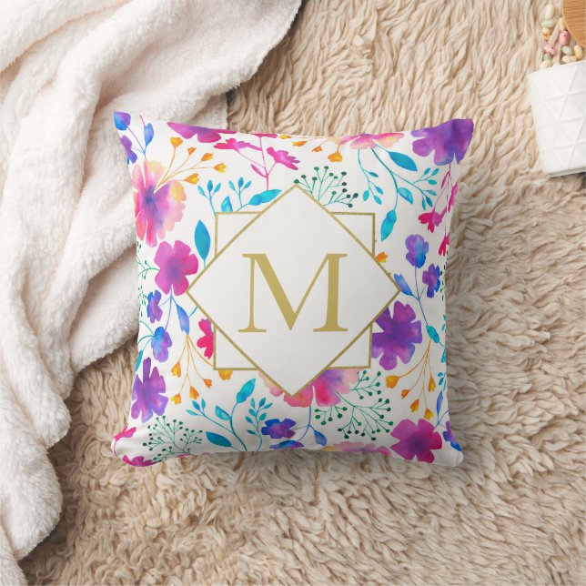 Monogram Floral Waterverf Throw Cushion Pillow Kussen (Deken)