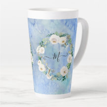 Monogram Floral Waterverf Wash Blue White Script