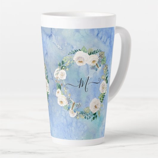 Monogram Floral Waterverf Wash Blue White Script Latte Mok (Rechterhoek)