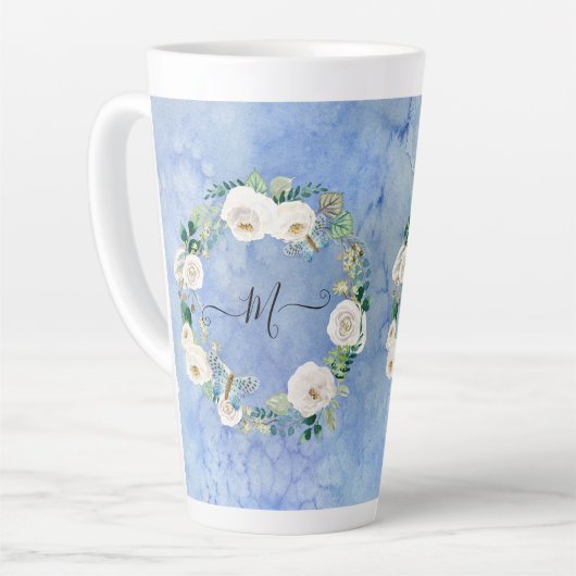 Monogram Floral Waterverf Wash Blue White Script Latte Mok (Linkerhoek)
