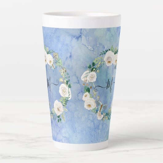 Monogram Floral Waterverf Wash Blue White Script Latte Mok (Voorkant)