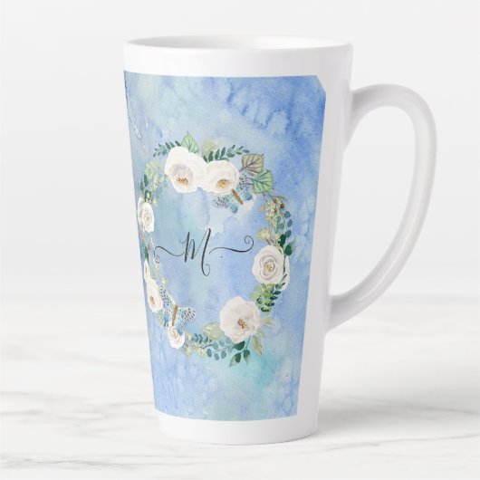 Monogram Floral Waterverf Wash Blue White Script Latte Mok (Rechts)