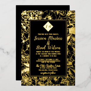  monogram   Floral Wedding Black   Goud Folie Uitnodiging