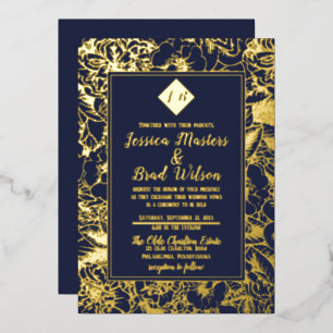monogram Floral Wedding Blue Goud Folie Uitnodiging