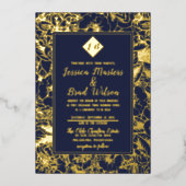  monogram | Floral Wedding Blue | Goud Folie Uitnodiging (Voorkant)
