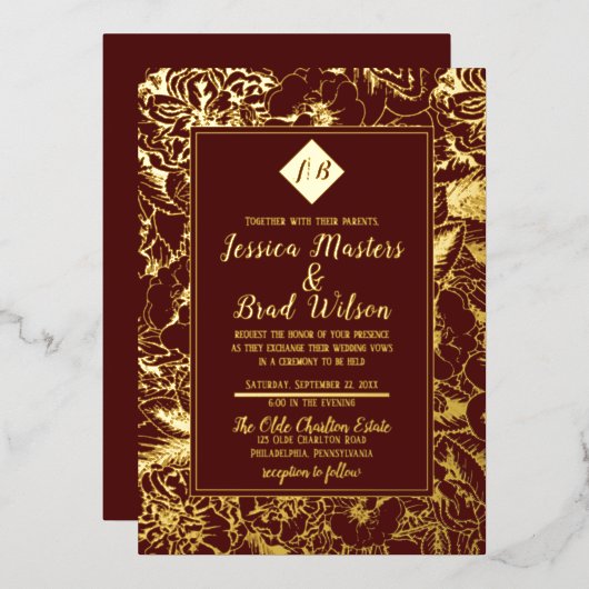  monogram | Floral Wedding Burgundy | Goud Folie Uitnodiging (Voorkant / Achterkant)