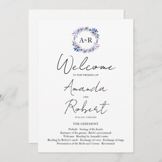 Monogram Floral Wedding Ceremony Programme Kaart (Voorkant / Achterkant)