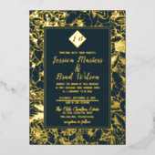 monogram | Floral Wedding Dark Blauwgroen | Goud Folie Uitnodiging (Voorkant)