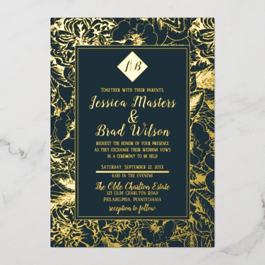  monogram | Floral Wedding Dark Blauwgroen | Goud Folie Uitnodiging (Voorkant)
