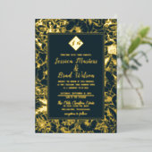monogram | Floral Wedding Dark Blauwgroen | Goud Folie Uitnodiging (Staand Voorkant)