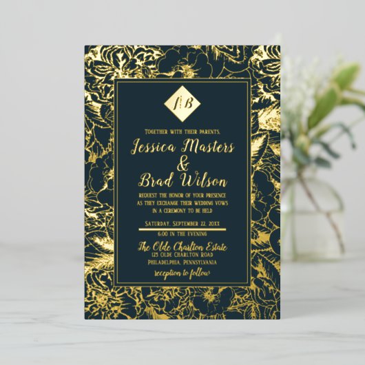  monogram | Floral Wedding Dark Blauwgroen | Goud Folie Uitnodiging (Staand Voorkant)