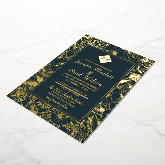  monogram | Floral Wedding Dark Blauwgroen | Goud Folie Uitnodiging (Gedraaid)